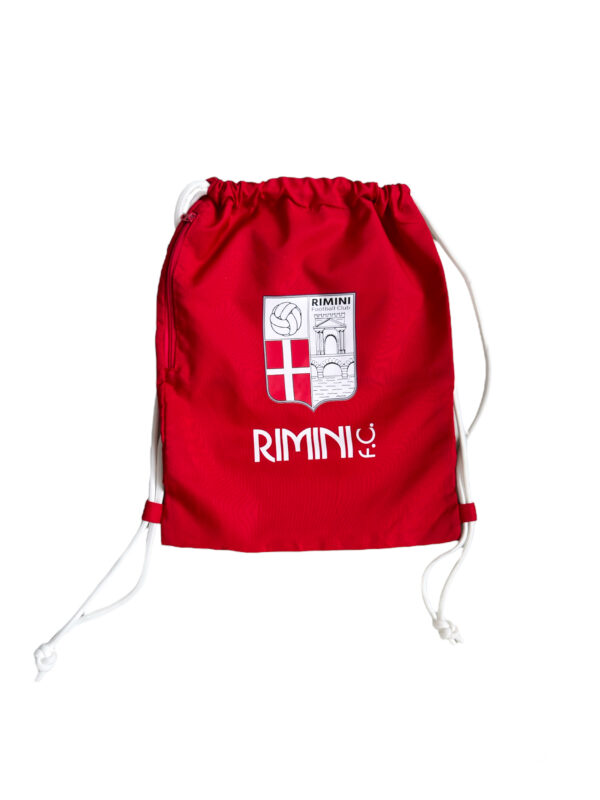 Sacca zaino Rossa con zip laterale, rifiniture bianche ed inserti Rimini FC